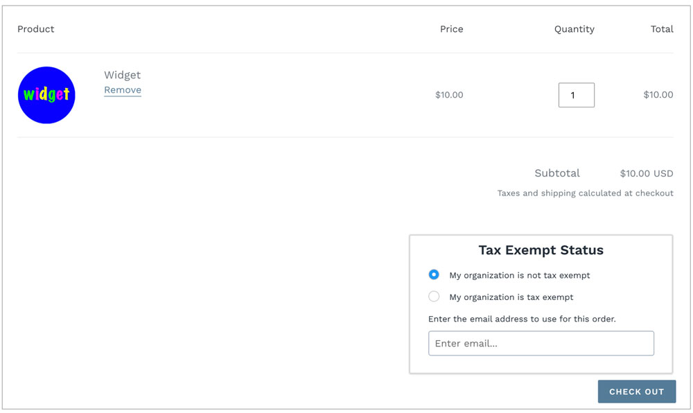 Shopify Cart page with Tax Exempt Status widget