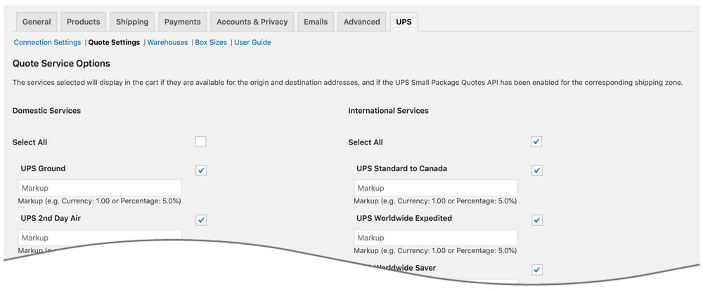 WooCommerce UPS Small Package Quotes plugin settings