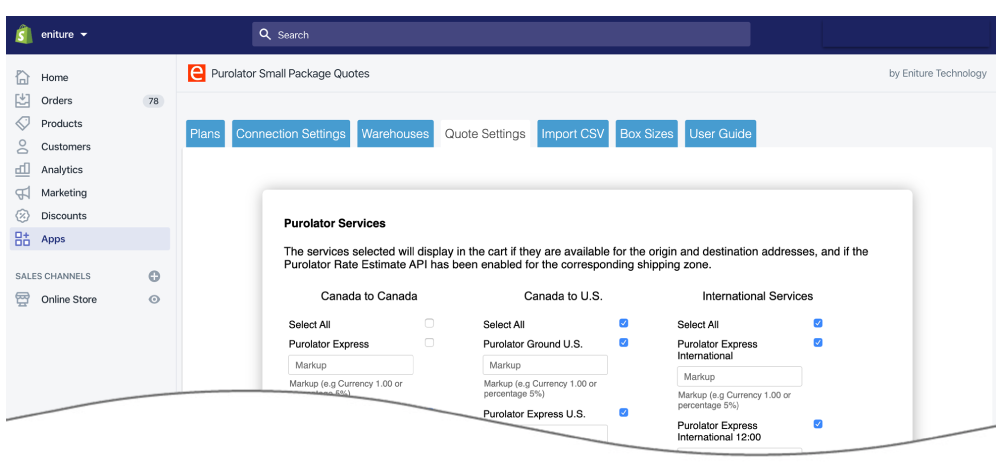 Purolator Small Package Quotes Settings page